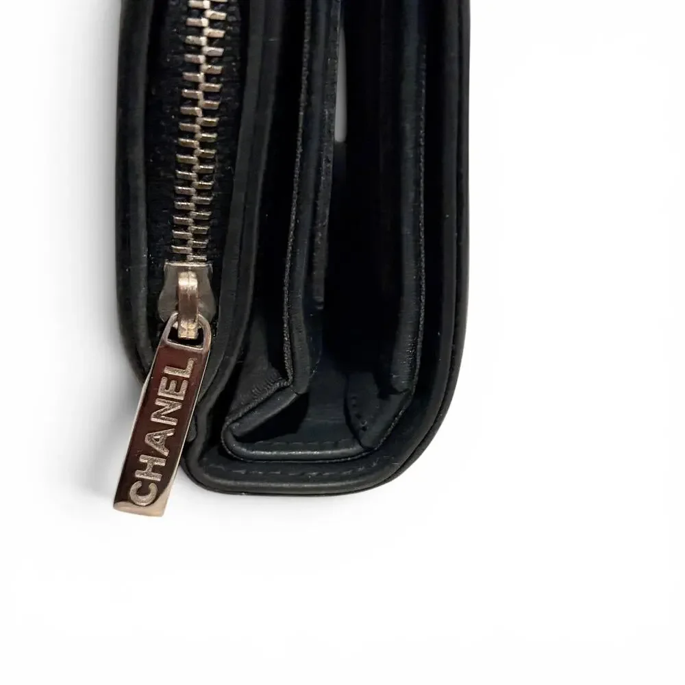 Chanel Black Lambskin Long Bifold Wallet Silver CC Snap Flap Zip Coin Pocket